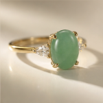 Oval Green Chalcedony Ring with Trillion Accents in Yellow Gold Tone - Image 3