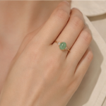 Oval Green Chalcedony Ring with Trillion Accents in Yellow Gold Tone - Image 2