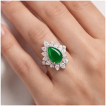 Pear Jade Cabochon Starburst Ring in Rhodium-Plated Sterling Silver - 图片 2