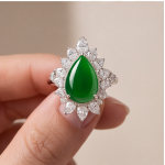 Pear Jade Cabochon Starburst Ring in Rhodium-Plated Sterling Silver - 图片 6