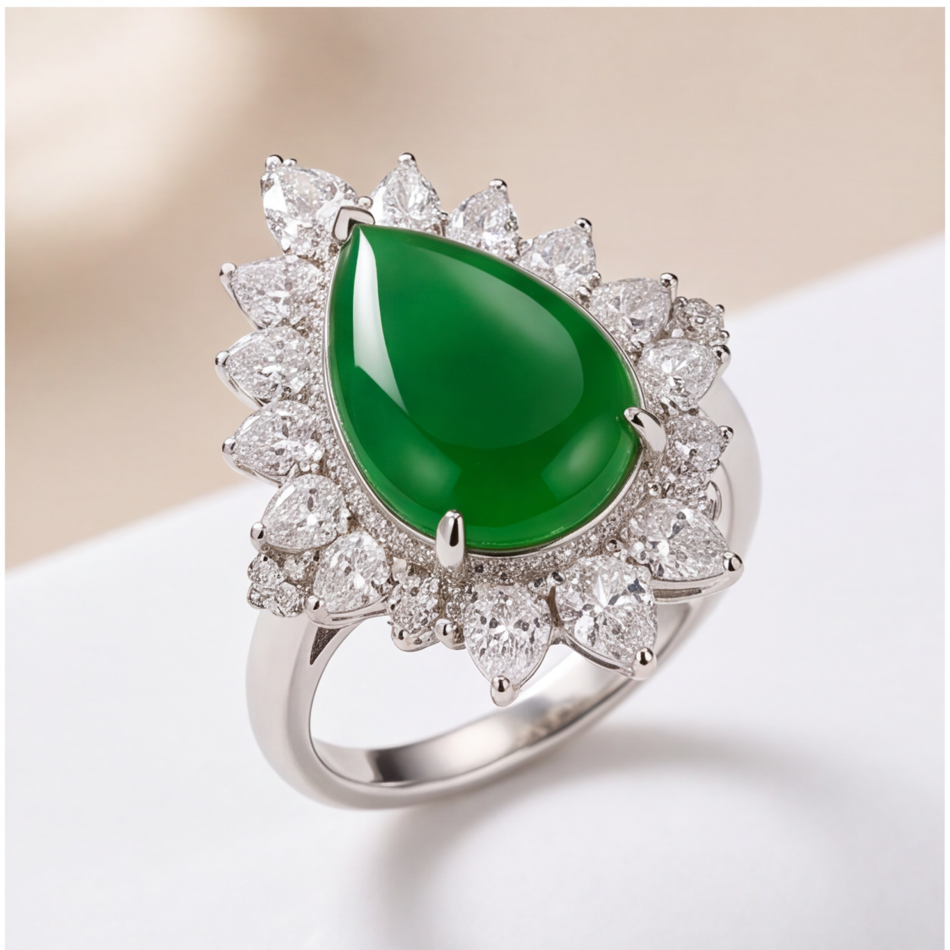 1786349520_0a748eda-8 Pear Jade Cabochon Starburst Ring in Rhodium-Plated Sterling Silver - 图片 1