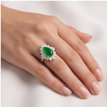 Pear Jade Cabochon Starburst Ring in Rhodium-Plated Sterling Silver - 图片 5