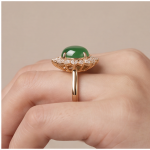 Oval Jade Cabochon Sunburst Cluster Ring in Yellow Gold Tone - 图片 8