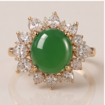 Oval Jade Cabochon Sunburst Cluster Ring in Yellow Gold Tone - 图片 7