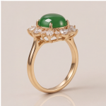Oval Jade Cabochon Sunburst Cluster Ring in Yellow Gold Tone - 图片 9