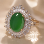 Oval Jade Ballerina Ring with Baguette Surround in Gold Tone