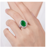 Oval Jade Double Halo Cocktail Ring in Rhodium-Plated Sterling Silver - Image 2