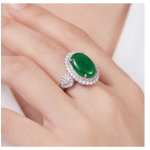 Oval Jade Double Halo Cocktail Ring in Rhodium-Plated Sterling Silver - Image 5