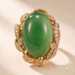 Oval Jade Ring with Pave Leaf Scrollwork in Yellow Gold Tone - Image 7