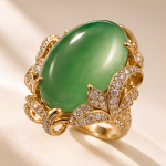 Oval Jade Ring with Pave Leaf Scrollwork in Yellow Gold Tone - Image 6