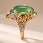 Oval Jade Ring with Pave Leaf Scrollwork in Yellow Gold Tone - Image 4