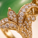 Oval Jade Ring with Pave Leaf Scrollwork in Yellow Gold Tone - Image 9