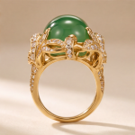 Oval Jade Ring with Pave Leaf Scrollwork in Yellow Gold Tone - Image 3