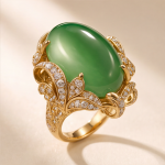 Oval Jade Ring with Pave Leaf Scrollwork in Yellow Gold Tone