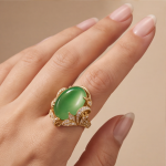 Oval Jade Ring with Pave Leaf Scrollwork in Yellow Gold Tone - Image 2