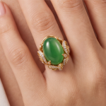 Oval Jade Ring with Pave Leaf Scrollwork in Yellow Gold Tone - Image 8