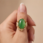 Oval Jade Ring with Pave Leaf Scrollwork in Yellow Gold Tone - Image 5
