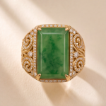 Emerald-Cut Jade Signet-Style Ring with Scrollwork in Gold Tone - Image 6
