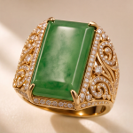 Emerald-Cut Jade Signet-Style Ring with Scrollwork in Gold Tone - Image 4