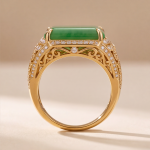 Emerald-Cut Jade Signet-Style Ring with Scrollwork in Gold Tone - Image 3