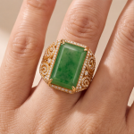 Emerald-Cut Jade Signet-Style Ring with Scrollwork in Gold Tone - Image 2