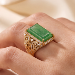 Emerald-Cut Jade Signet-Style Ring with Scrollwork in Gold Tone - Image 5