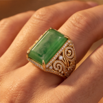 Emerald-Cut Jade Signet-Style Ring with Scrollwork in Gold Tone - Image 8