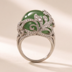Domed Jade Cabochon Ring with Pave Feather Motif in White Gold Tone