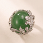 Domed Jade Cabochon Ring with Pave Feather Motif in White Gold Tone - Image 7