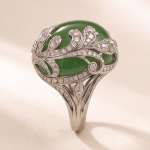 Domed Jade Cabochon Ring with Pave Feather Motif in White Gold Tone - Image 4