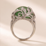 Domed Jade Cabochon Ring with Pave Feather Motif in White Gold Tone - Image 6
