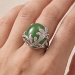 Domed Jade Cabochon Ring with Pave Feather Motif in White Gold Tone - Image 5