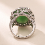 Domed Jade Cabochon Ring with Pave Feather Motif in White Gold Tone - Image 10