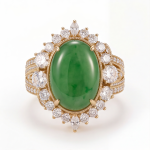 Oval Jade Cabochon Halo Ring with Split Pave Shoulders in Gold Tone - Image 3