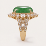 Oval Jade Cabochon Halo Ring with Split Pave Shoulders in Gold Tone - Image 4