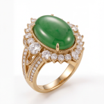 Oval Jade Cabochon Halo Ring with Split Pave Shoulders in Gold Tone - Image 9