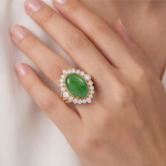 Oval Jade Cabochon Halo Ring with Split Pave Shoulders in Gold Tone - Image 8