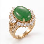 Oval Jade Cabochon Halo Ring with Split Pave Shoulders in Gold Tone