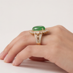Oval Jade Cabochon Halo Ring with Split Pave Shoulders in Gold Tone - Image 5