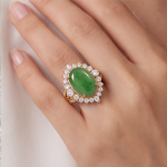 Oval Jade Cabochon Halo Ring with Split Pave Shoulders in Gold Tone - Image 2