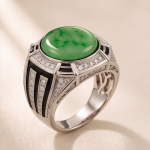 val Jade Deco Ring with Black Enamel Inlay in Rhodium-Plated Sterling Silver