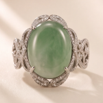 Large Oval Jade Ring with Pave Ribbon Scrolls in White Gold Tone - Image 6