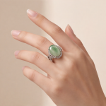 Large Oval Jade Ring with Pave Ribbon Scrolls in White Gold Tone - Image 5
