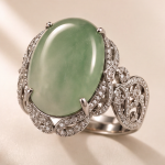 Large Oval Jade Ring with Pave Ribbon Scrolls in White Gold Tone - Image 3