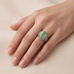 Large Oval Jade Ring with Pave Ribbon Scrolls in White Gold Tone - Image 2
