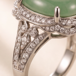 Large Oval Jade Ring with Pave Ribbon Scrolls in White Gold Tone - Image 9