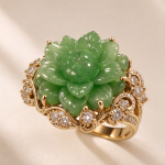 Carved Jade Lotus Flower Ring with Cubic Zirconia in Gold Tone - Image 6