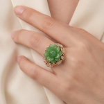 Carved Jade Lotus Flower Ring with Cubic Zirconia in Gold Tone - Image 5