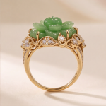 Carved Jade Lotus Flower Ring with Cubic Zirconia in Gold Tone - Image 3