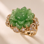 Carved Jade Lotus Flower Ring with Cubic Zirconia in Gold Tone - Image 4